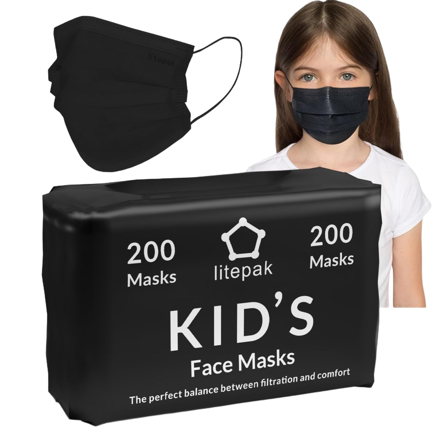 200pcs Kids Disposable Face Masks - 3 Ply Kids Mask for Boys Girls - Back to School Supplies (Black)
