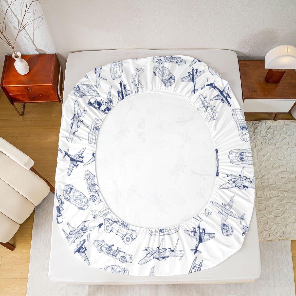 Aircraft Bed Sheet Set Kids Airplane Print Fitted Sheet Boys Girls Decor Aircraft Flying Bedding Set Microfiber Sketch Style Blue White Bedspread Cover Bedroom Full Size