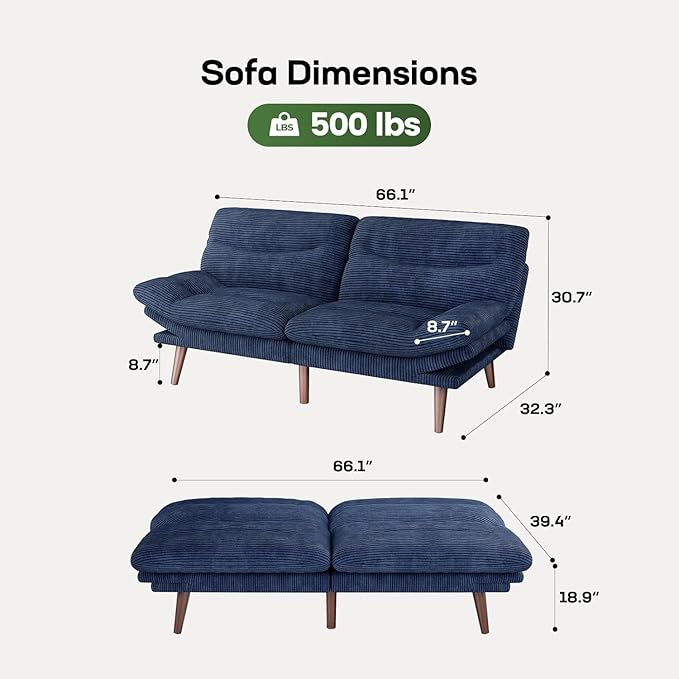 Marsail Futon Sofa Bed, 66” Futon Couch with Adjustable Backrest & Armrests, Convertible Small Sleeper Sofa Bed for Small Apartments, Study Room, Office, Corduroy Loveseat, Blue