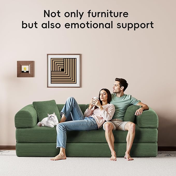 ZQRhome 79" 5-in-1 Convertible Sofa Bed, Premium Sleeper with Reinforced Frame & Plush Corduroy, No Assembly Modular Couch for Lounge, Guest Room & Small Space, Olive Green