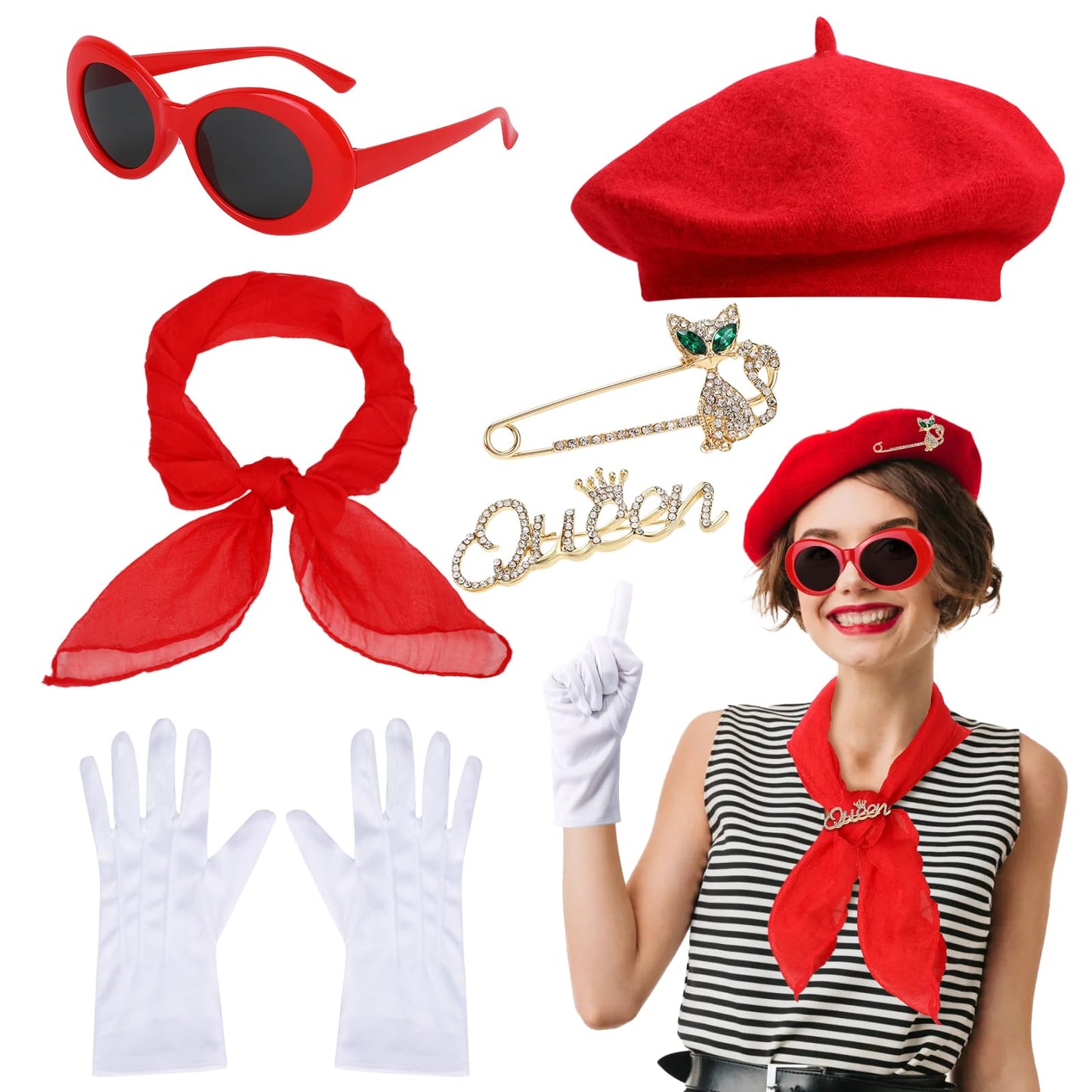 PHOGARY 6PCS French Costume Accessories Set, 50s Costume Accessories with Beret, Scarf, Sunglasses, Gloves, Brooches Mime Costume for Women Girls Halloween Cosplay French Themed Party