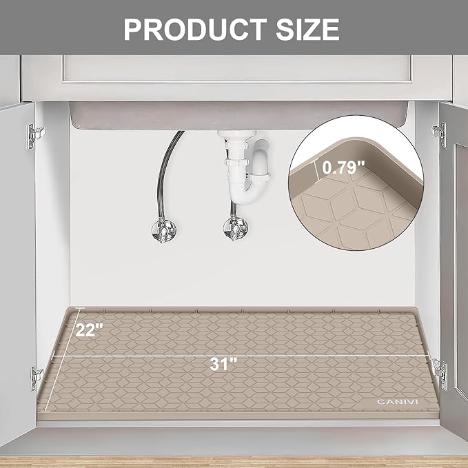 Under Sink Mat, 31" x 22" Waterproof Silicone Under Sink Tray for Kitchen & Laundry Cabinets, Kitchen Cabinet Shelf Protector, Up to 3.2 Gallons Liquid, Fits 36 inch Standard Cabinet(Apricot)