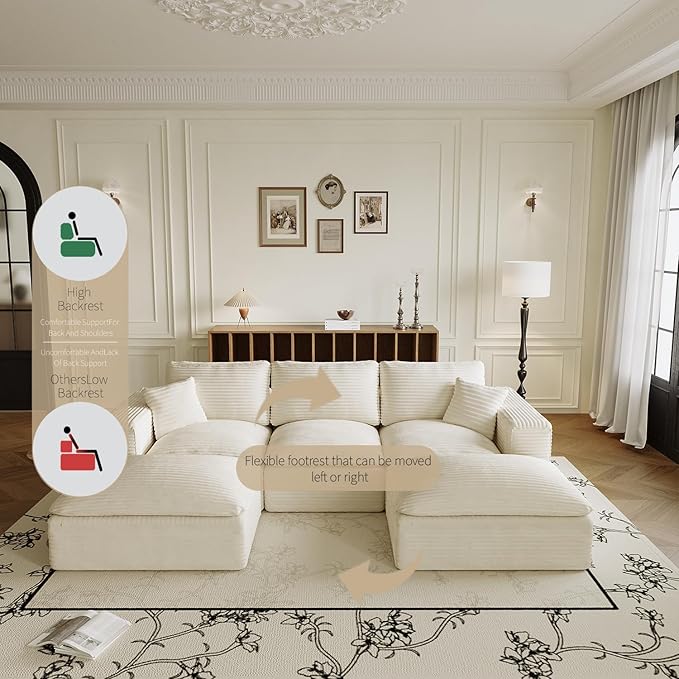 ZIGHTH 108" Plush Corduroy L Shaped Sectional Cloud Sofa Couch with Ottoman, Soft Deep Seat Modular Sectional Couches for Living Room,No Assembly. Beige