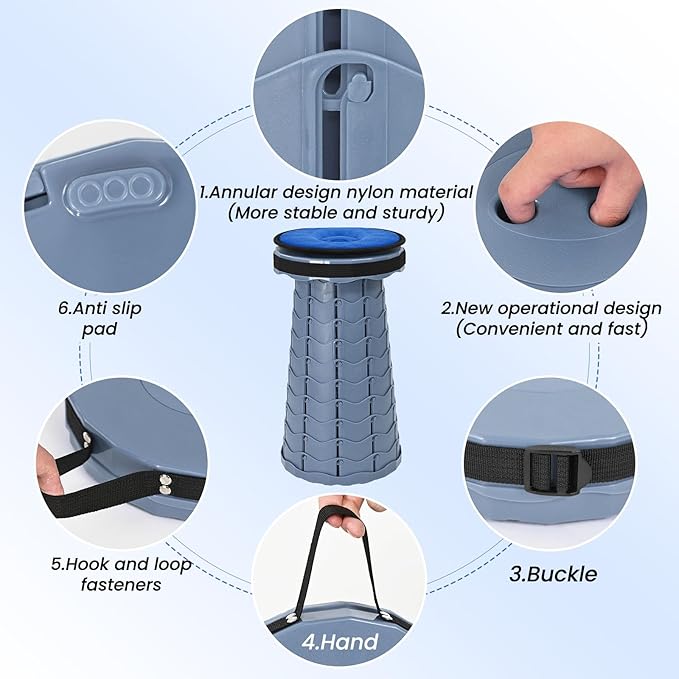 FXKS 2 Pack Upgraded Collapsible Stool Folding Stool with Cushion,Retractable Folding Stool Max Load Capacity 400lbs, Portable Telescoping Stools for Camping Hiking Outdoor BBQ -Grey