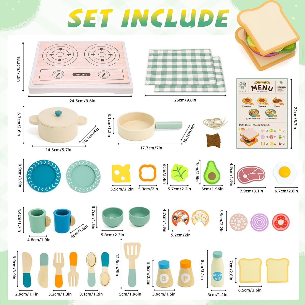 HAPGFS Wooden Play Cooking Set, Kids Pretend Play Kitchen Accessories Toys Set, Includes Play Plates, Pots, Bowls, Pans, Cutlery, Includes Fake Food, Gift for 3 4 5 Years Old Girls Boys for Birthday