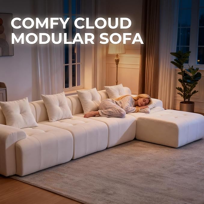 YAAREE 101.65” Modular Sectional Couch for Living Room, 3-Seater Cloud Sofa with Deep Seat, Woven Texture Upholstery Boneless Couch, No Assembly, Beige