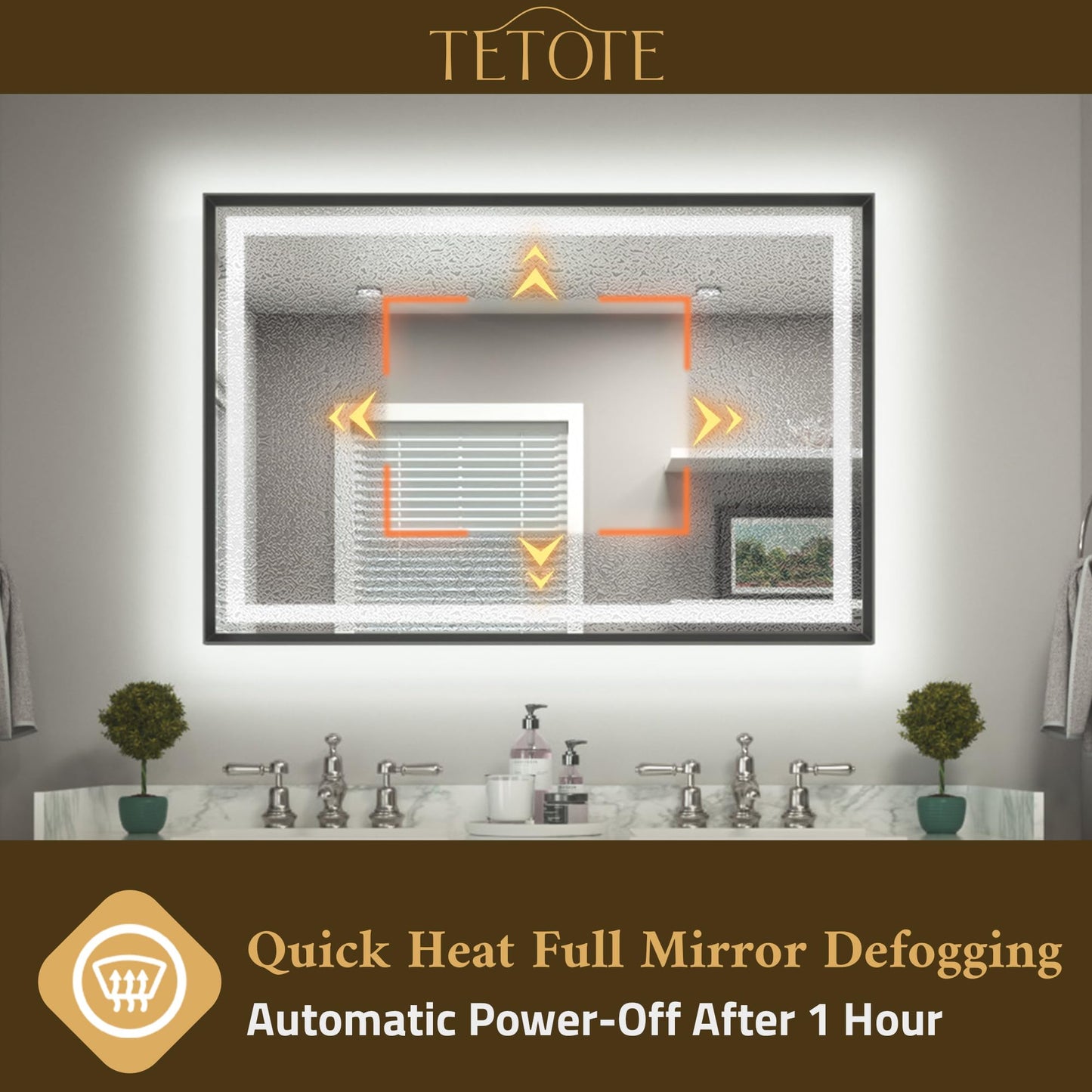 TETOTE 22 x 30 Bathroom LED Mirror Brushed Black Metal Frame Frontlit & Backlit Vanity Mirror Anti-Fog Stepless Dimmable 3 Colors White/Warm/Natural Mirror with Lights Wall-Mounted