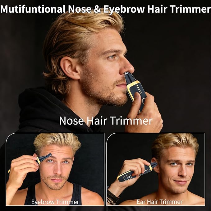 2 in 1 Nose and Ear Hair Trimmer with LED Display, Rechargeable Electric Nasal Hair Clipper for Men & Women, Eyebrow & Facial Hair Removal with Dual-Edge Blades, Easy to Clean