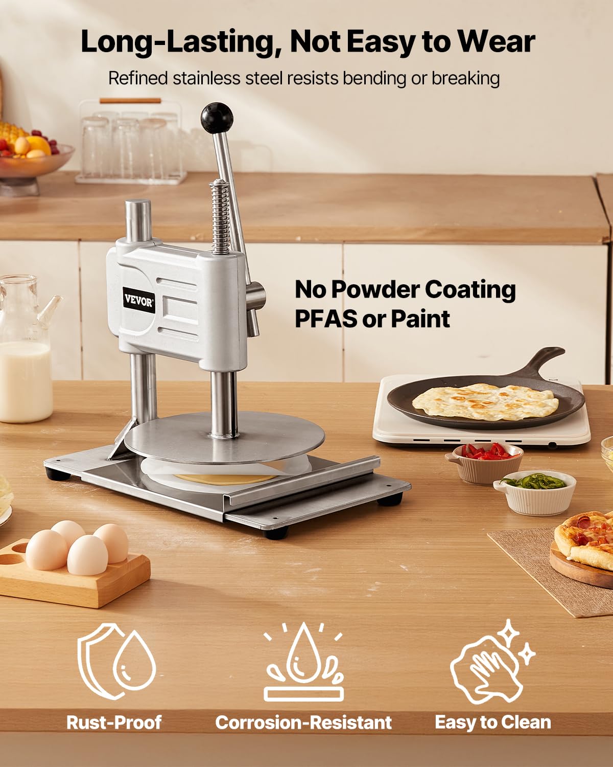 VEVOR Manual Pizza Dough Press Machine, 9.5 inch Pizza Pastry Press Plate, Stainless Steel Bread Presser, Commercial Chapati Sheet Crust Maker, Forming Machine with Handle and 100 Pcs Parchment Paper