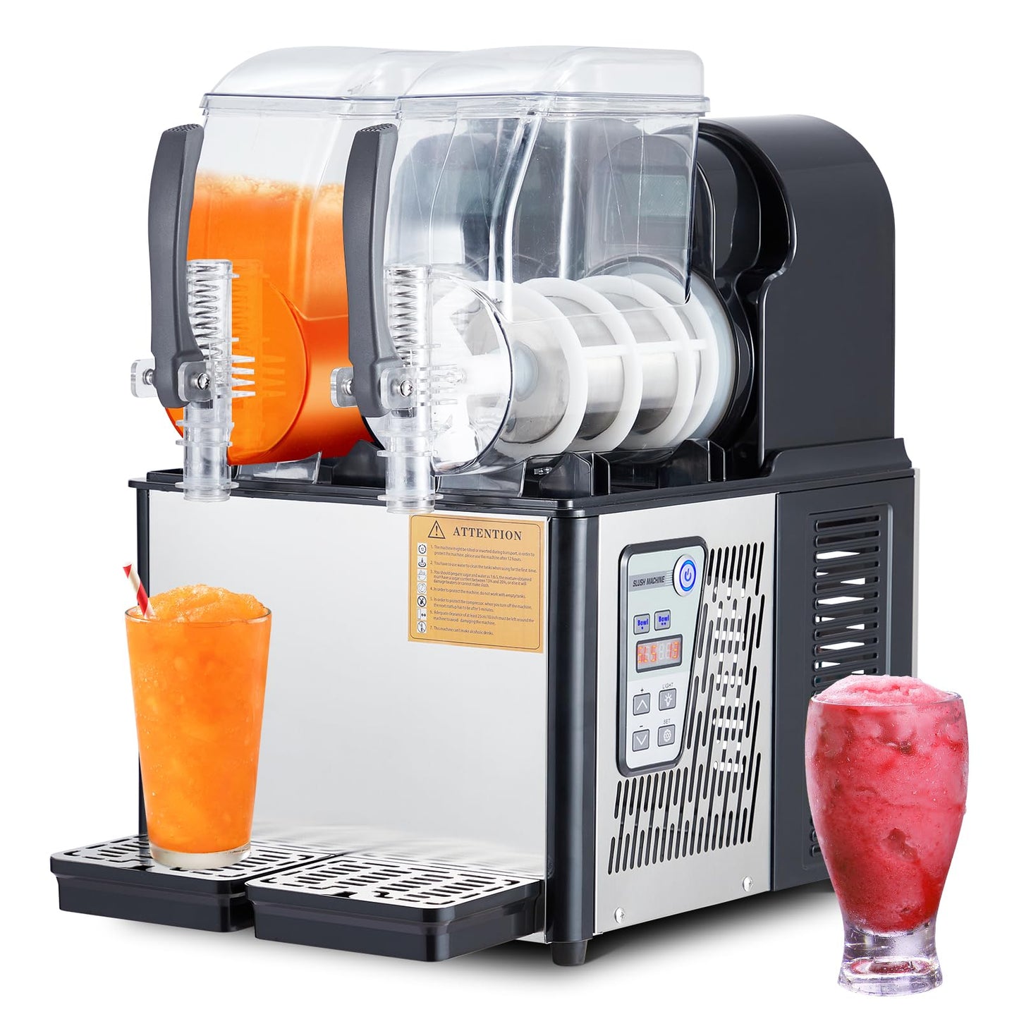Garvee 4L×2 Dual-Tank Commercial Slushie Machine, 370W Commercial Grade, Self-Cleaning Stainless Steel, Simultaneous Two-Flavor Operation, Perfect for High-Volume Use in Cafes & Bars, Black