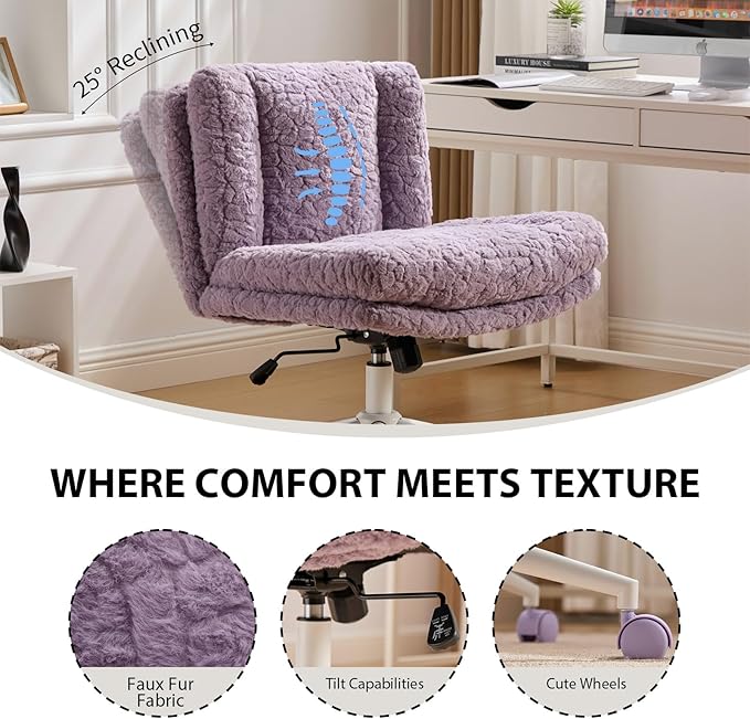 Cross Legged Office Chair with Wheels, Comfy Armless Office Chair with Extra-Deep Seat & 2-Layer Cushions, Adjustable Height, Tilt-Back Swivel Faux Fur Vanity Chair for Home Office, Violet