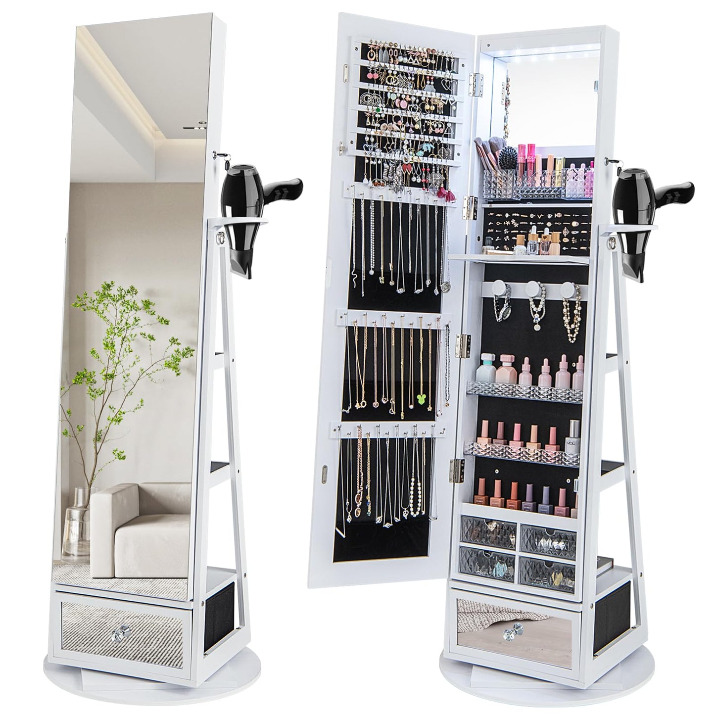 HAPPYGRILL Jewelry Armoire with Full Length Mirror, 360° Lockable Jewelry Organizer W/ 6 LEDs, Rear Storage Shelves, Large Bottom Drawer & Hairdryer Holder, Standing Jewelry Cabinet for Women, White