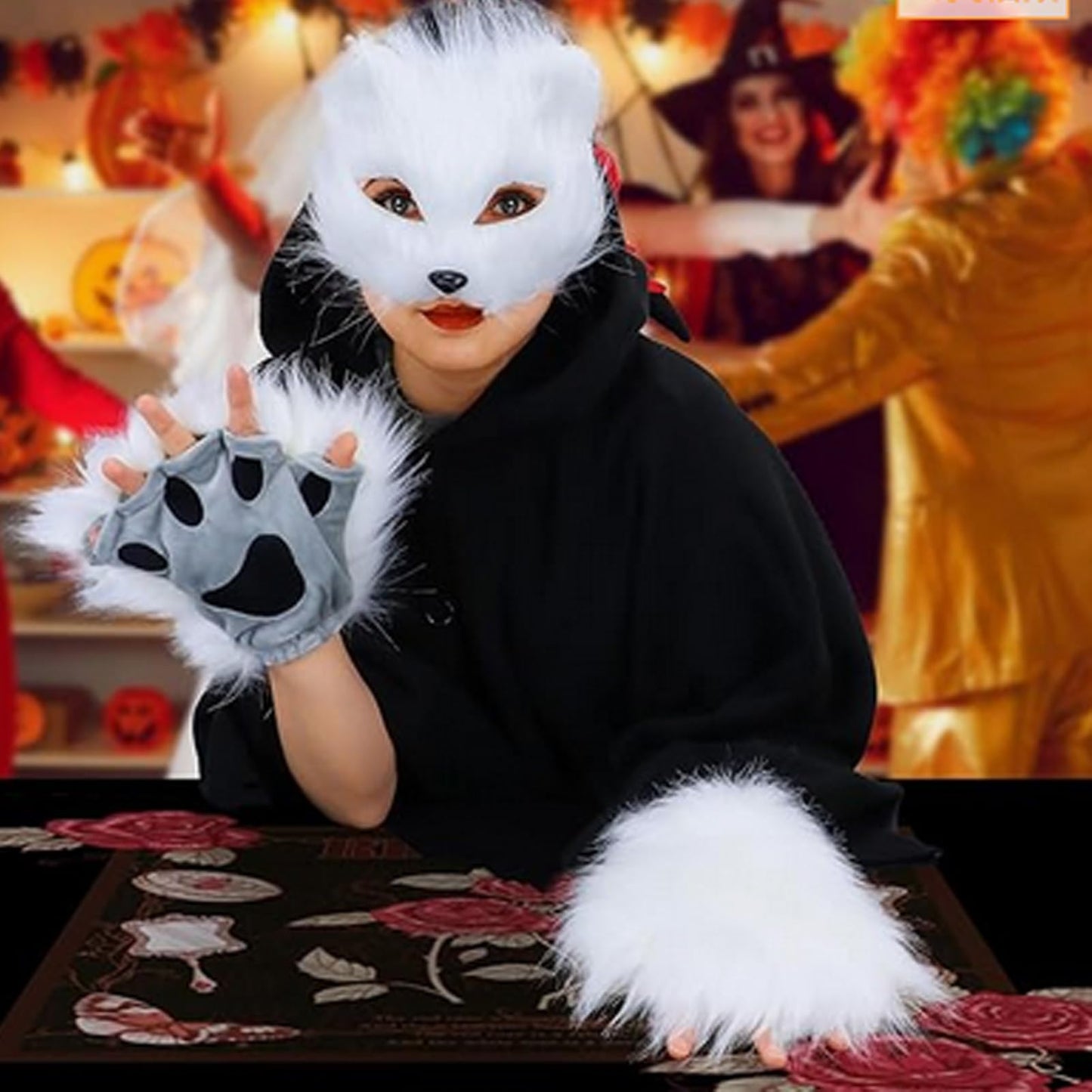 NWSTESLE Furry Therian Mask and Tail for Kids,Animal Fox Mask Wolf Tail Paws Set,Over 1 Years Old