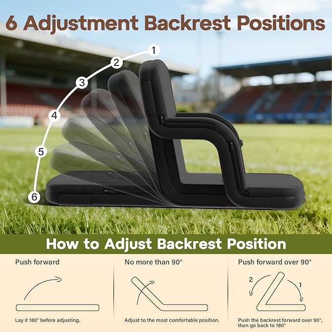 DEKEMASTER Heated Stadium Seats for Bleachers with Back Support, Portable Bleacher Chairs with Back and Cushion, 6 Adjustable Positions Pdded Bleacher Seat for Sport Events Camping