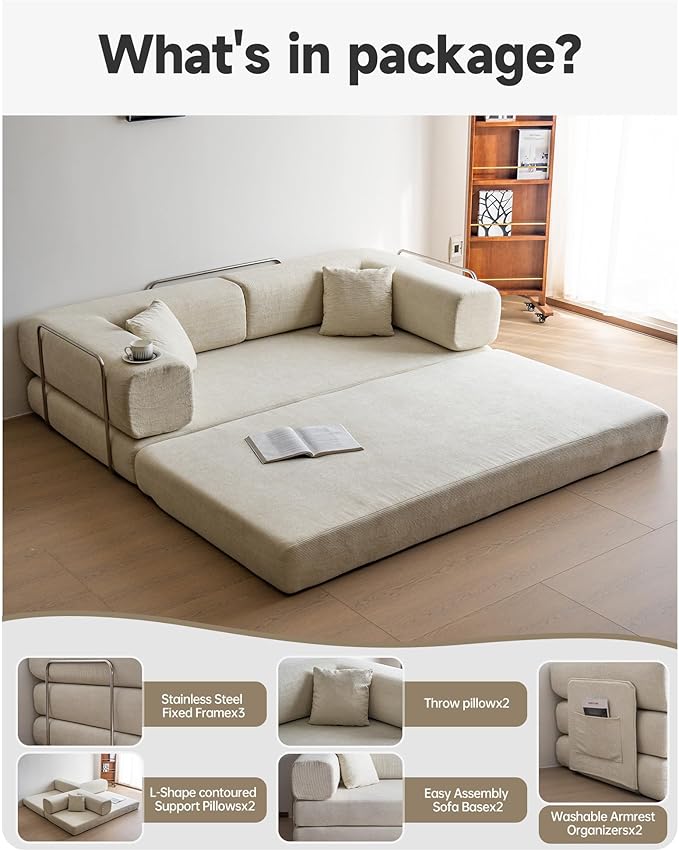 No Assembly Convertible Sofa Bed & 79" Boneless Couch with Pocket , 5-in-1 Futon Sofa Bed with 2 Pillows Modular Pull Out Couch Bed with Frame,Compression in Box for Living Room Small Spaces Beige