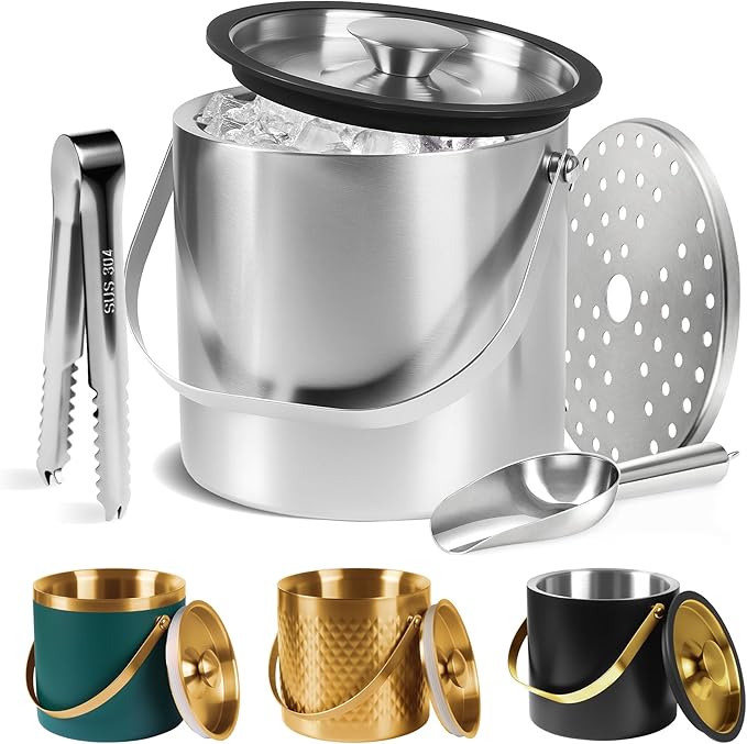 Ice Bucket, Ice Bucket with Silicone Sealing Ring Double-Wall Vacuum Insulation Champagne Buckets with Filter Layer Ice To...