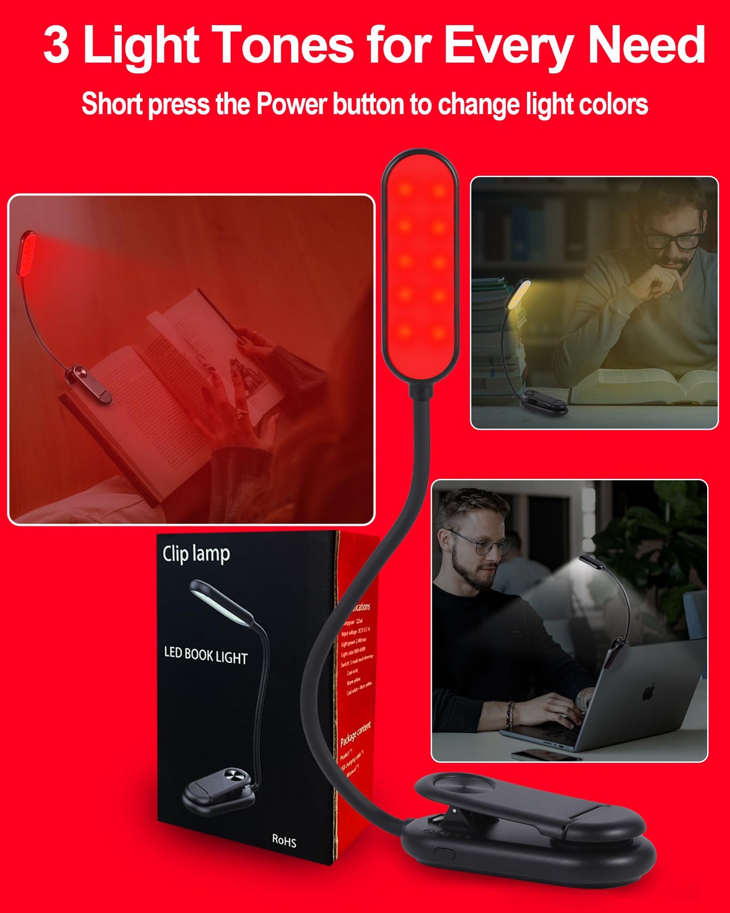 Finezeal 625nm Red Book Light [2 Pack] - Zero Blue Light, Rechargeable Clip On Red Reading Light Lamp for Reading at Night - Poratble Dimmable LED Book Lamp, Gift for Lovers Travel Studying Nursing