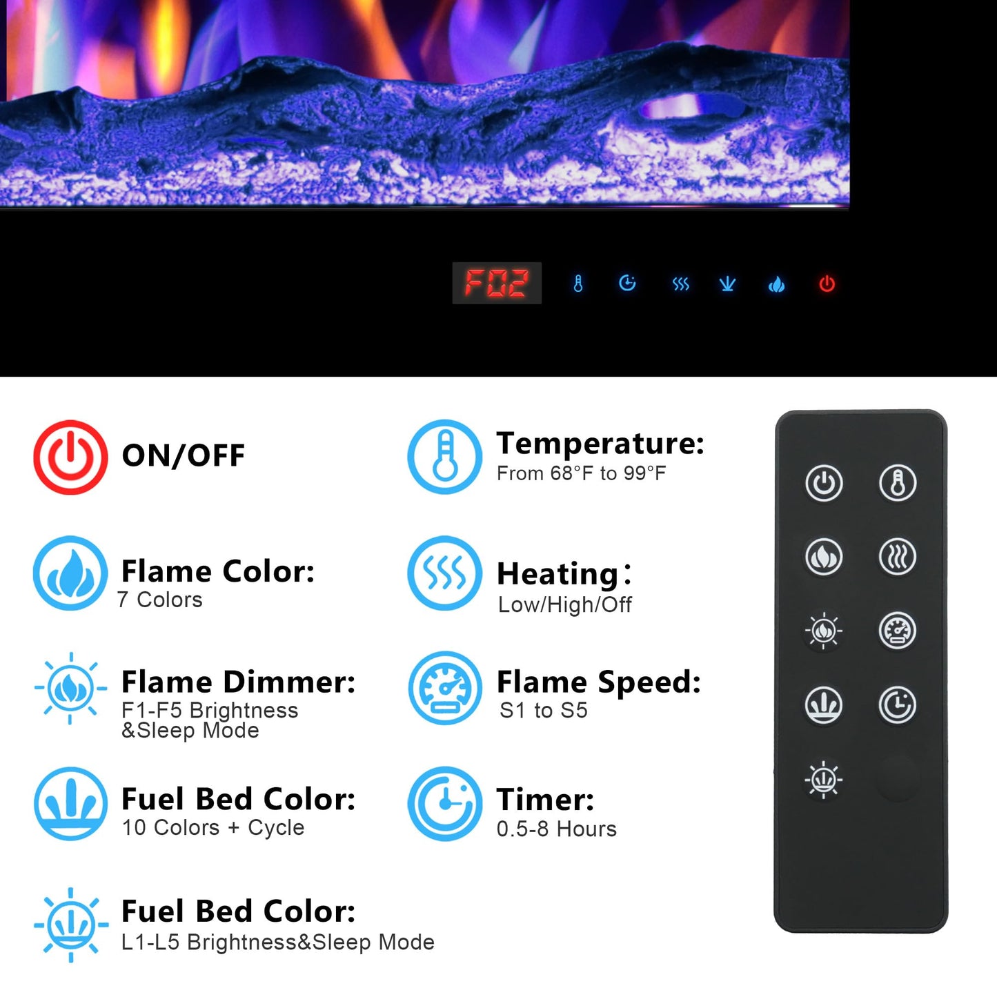 Kentsky 74" Electric Fireplace, Wall Mounted & Insert Electric Fireplace, W/Mixed Color Flame, Adjustable Brightness & Speed, 0-8H Timer, Thermostat, 750w/1500w, Balck