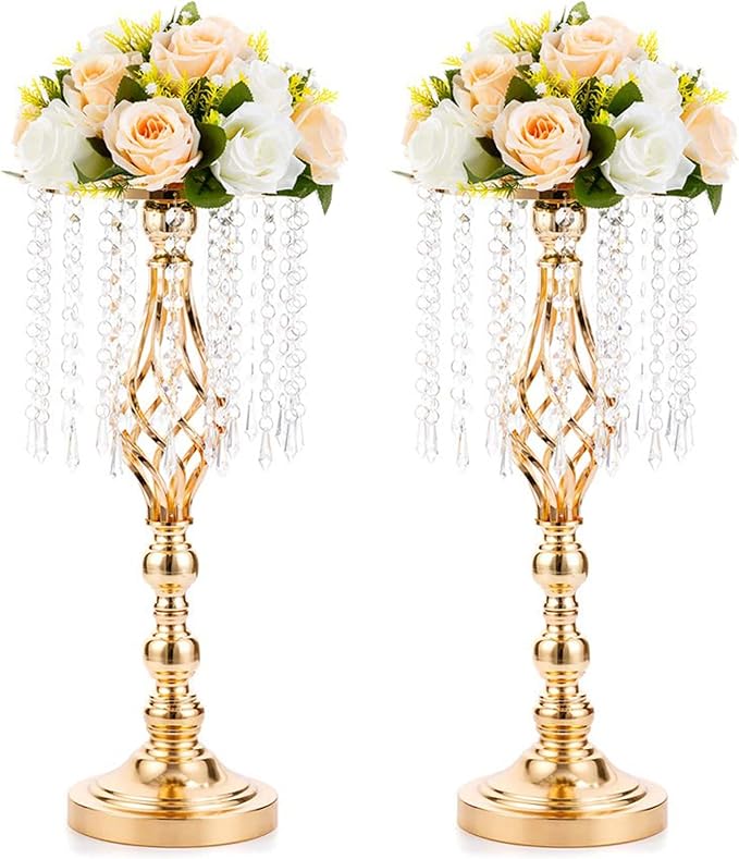 2 Pcs 19.3 inches Gold Centerpieces Table Tall Crystal Flowers Stand Wedding Road Lead Flower Holders Crystal Chandelier M...