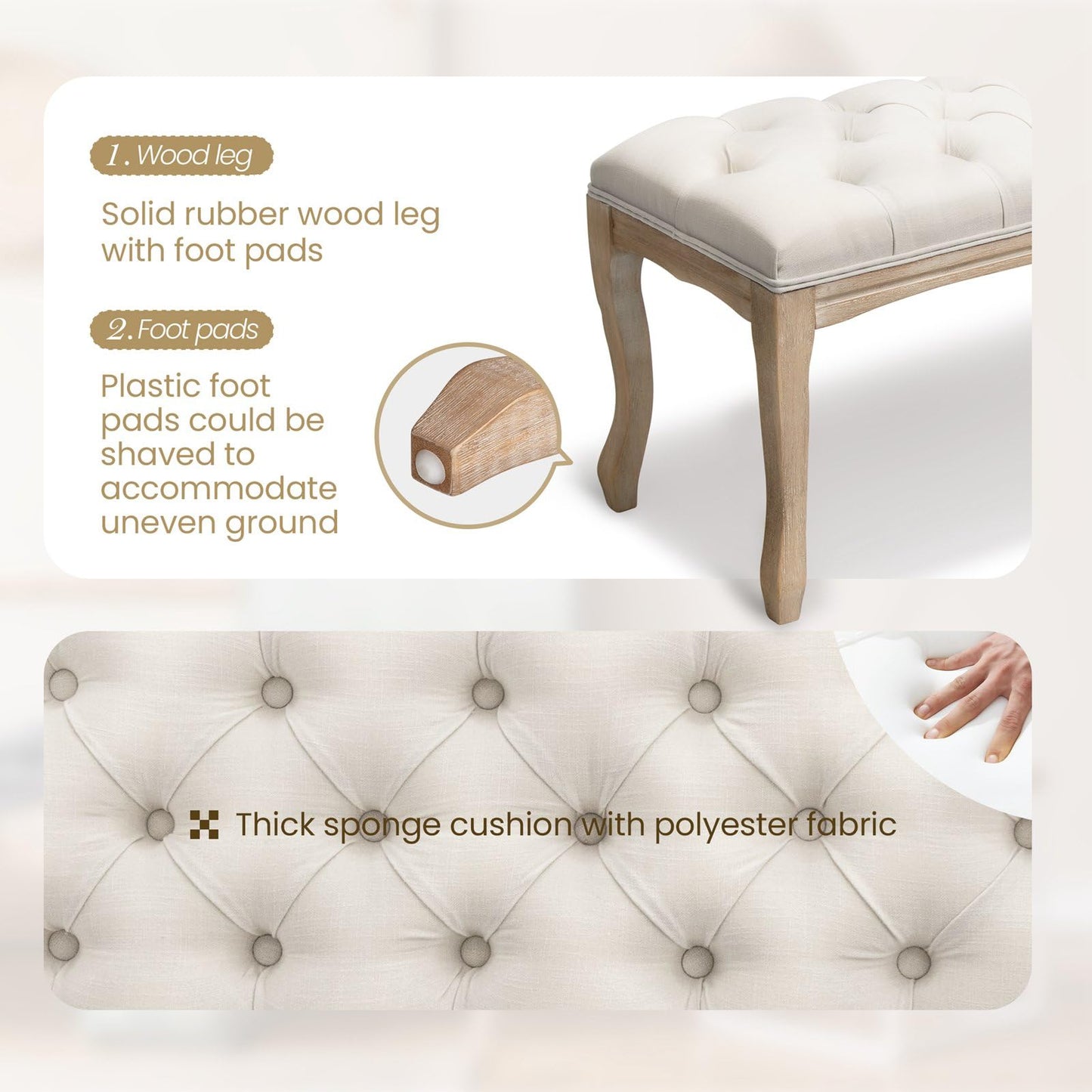 Crestlive Products Upholstered Tufted Bench, Wood Bed Ottoman Middle Century Modern Rectangular Footrest for Bedroom Entryway Channel (Beige)