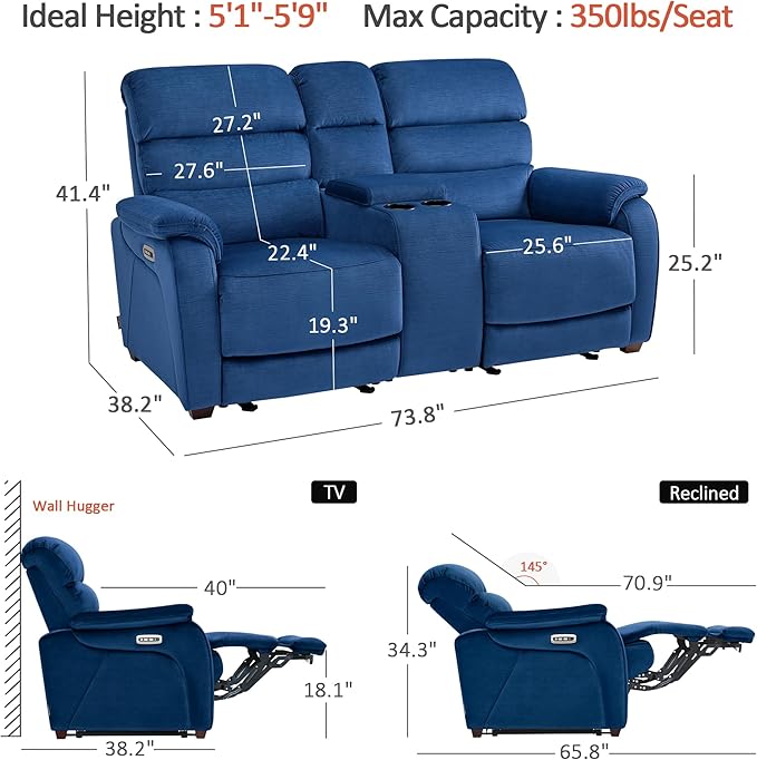 MCombo 73.8'' Wall Hugger Power Loveseat Recliner, Reclining Loveseat with Console, Adjustable Headrest, USB Charge Ports, Cup Holders, for Living Room, RVs, Small Spaces, Fabric ST258M2 (Navy Blue)