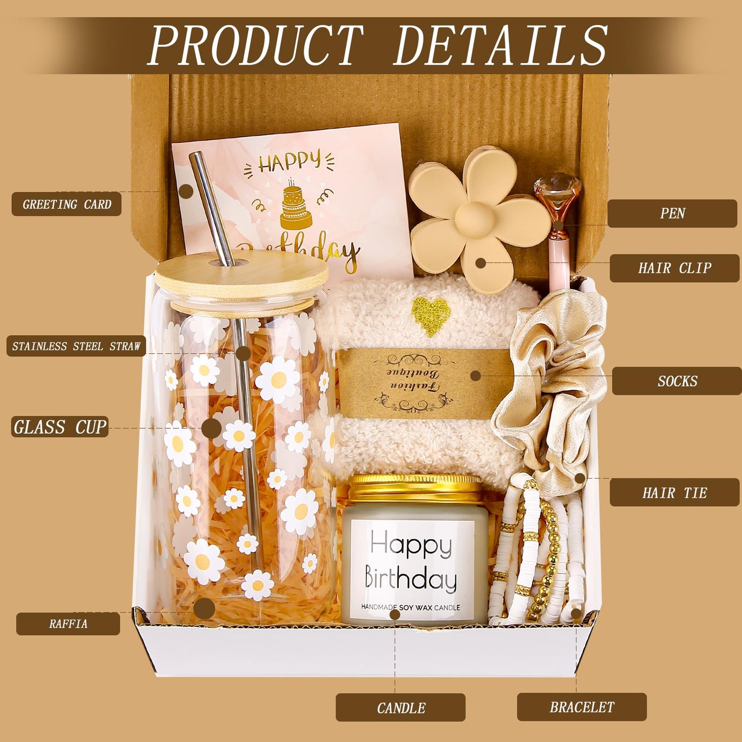 Birthday Gifts for Teen, Cute Inspirational Gift Daisy Presents Set Ideas for Sister Daughter Friends, Happy Birthday Gift Basket with Ice Glass Cup for Her (Beige)