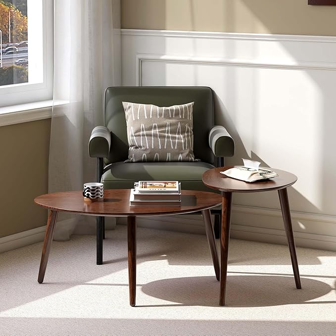 Wayshome 100% Solid Oak Wood Nesting Coffee Table,Mid Century Modern Oval Coffee Tables Set, Round Tables for Living Room, Pebble Side Table for Balcony (Walnut, Combine)