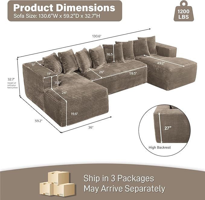 Modular Sectional Sofa, 130" U Shaped Cloud Couch Plush Corduroy Comfy Deep Seat Boneless Sofas with 8 Pillows Double Chaise Lounge Sectional Couches with Memory Foam for Living Room - Camel