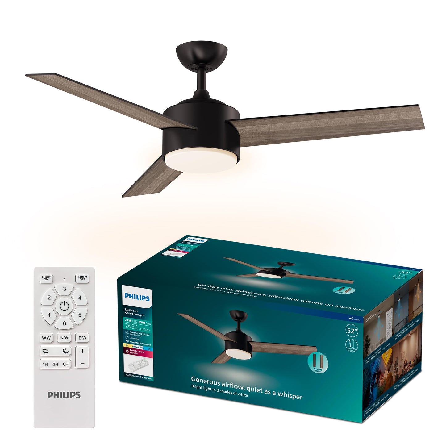 Philips Indoor Ceiling Fan, Dark, with Bright LED Light, 2650 lm, 3 Blades, 4800 CFM, 6 Speeds, 2 Airflow Modes, Selectable White Light, Dimmable, Robust, Reversible Blades