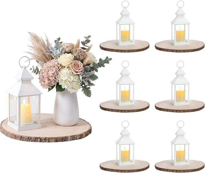 ZeahVeyora 6 Sets Plastic Wind Lantern Centerpieces Solar Hanging Lantern with Wood Slices LED Candles, Rustic Wedding Tab...