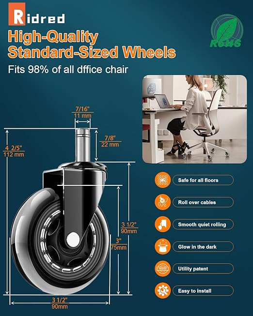 RidRed Office Chair Wheels - Replacement Rubber Wheels - Universal Fit 3 Inch Casters, Heavy-Duty Chair Casters, Noise Free, Fits 98% Chair, for All Floor (5)