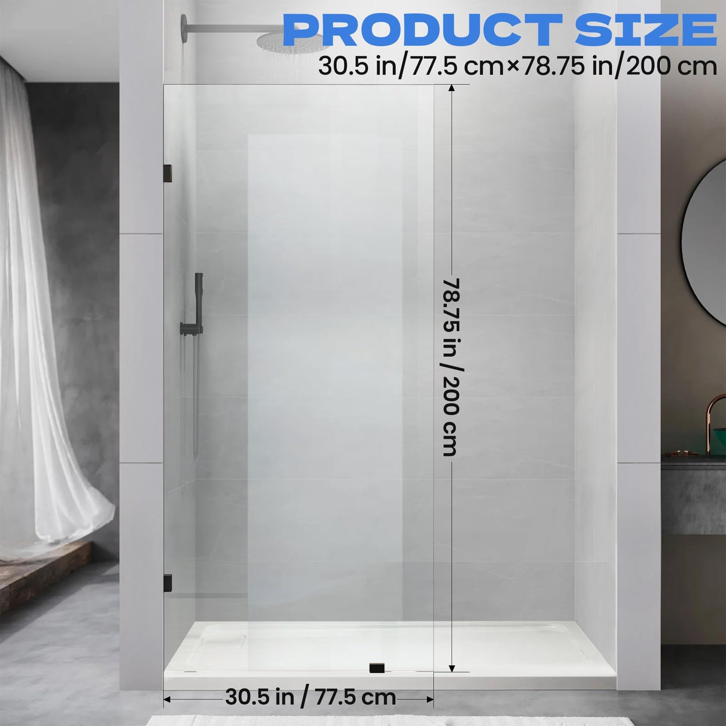 30.5" W x 78.75" H Shower Screen, Fixed Frameless Shower Glass Panel with 3/8"(10mm) SGCC Clear Tempered Glass, Single Shower Door for Bathroom (Matte Black, 30.5" W x 78.75" H)