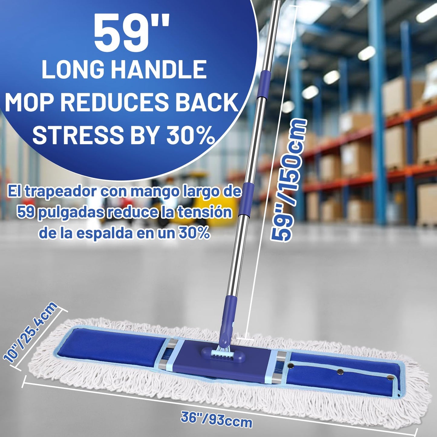 EHADOO 36" Commercial Dust Mop: Dry Dust Broom for Hardwood Floors Cleaning - 2 Reausable Mop Pads 59" Long Handle Heavy Duty Frame - Professional Cleaning Supplies for Hotel Warehouse School Janitor