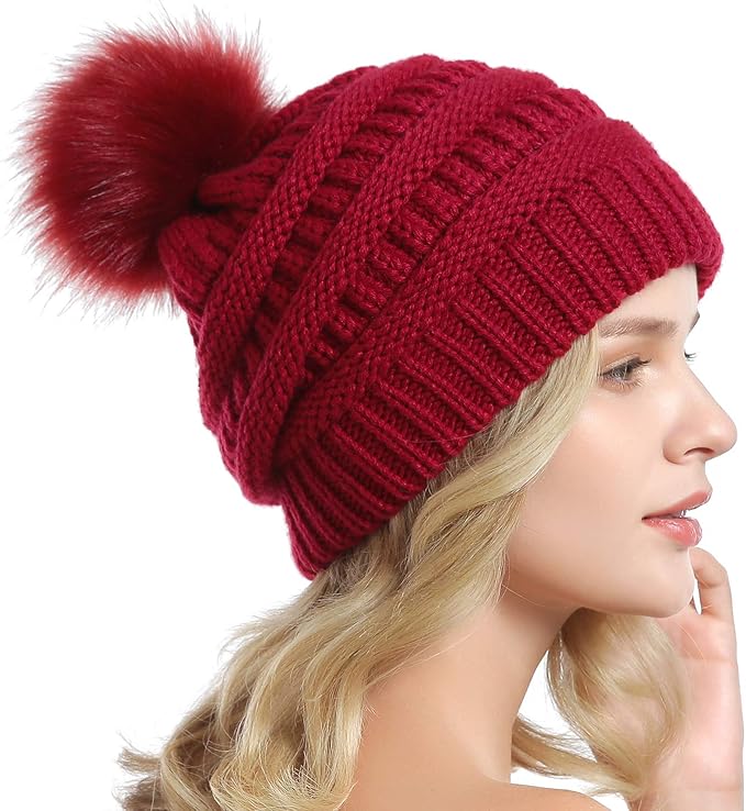 QUEENFUR Women Knit Slouchy Beanie Chunky Baggy Hat with Faux Fur Pompom Winter Soft Warm Ski Cap