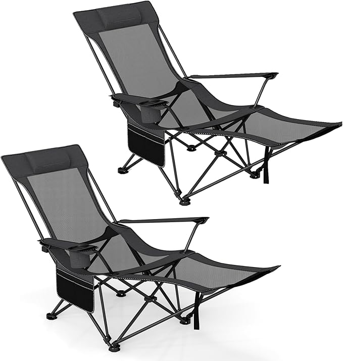 GYMAX Reclining Camping Chairs with Footrest, Lightweight Foldable Camping Chairs with Cup Holders, Adjustable Backrest, Headrest, Heavy Duty Camp Chair for Adult Outdoor Fishing Beach (Grey,2)