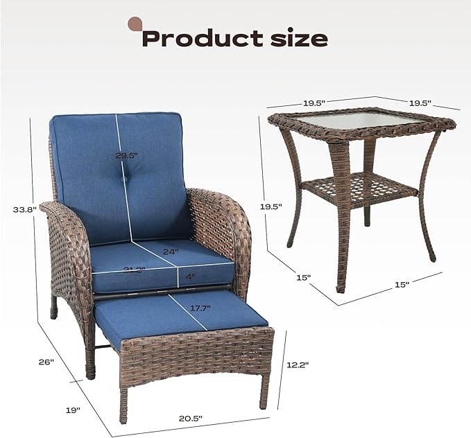 Rilyson Wicker Patio Furniture Set - 5 Piece Balcony Furniture Set with Hidden Ottomans, Rattan Outdoor Patio Chairs with Side Table for Porch Deck Poolside Garden Brown/Blue
