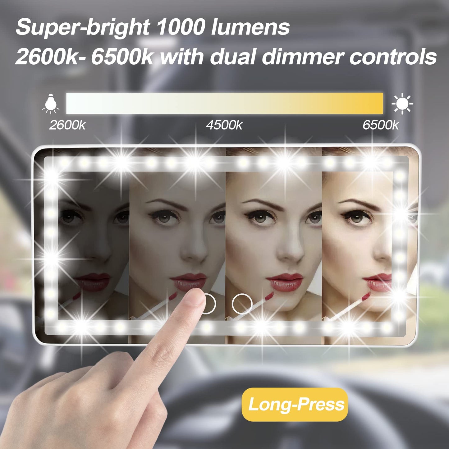 UYYE Car Visor Vanity Mirror, Rear Makeup Mirror, Touch on Screen & 3 Light Modes, Rechargeable Travel Makeup Mirror with LED Li