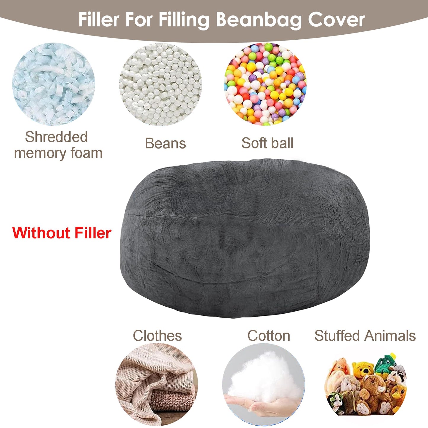 FANNIEHOME Big Beanbag Chair for Adults and Kids No Filling Comfy Cover for Lazy Sofa Bedroom Floor Chair, Dark Grey, 7FT