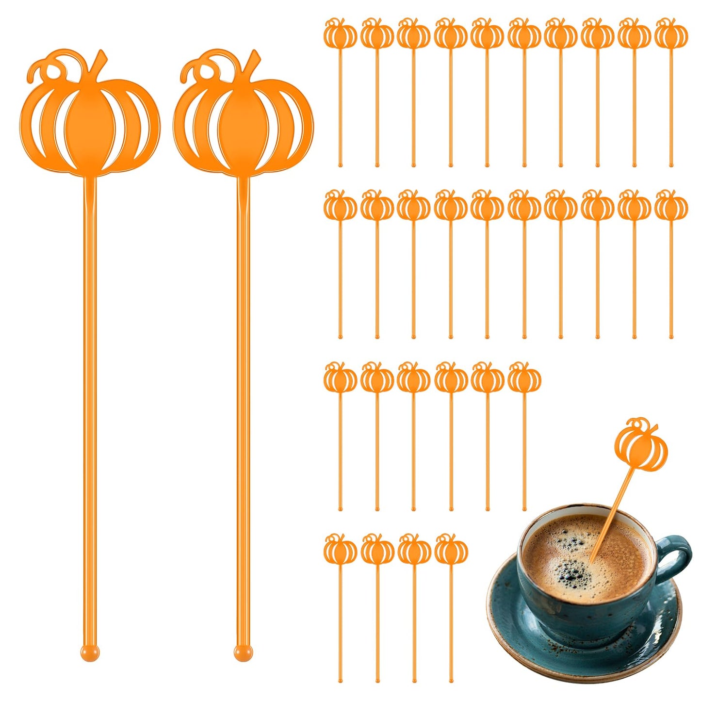 SiliFine 30 Pcs Halloween Swizzle Sticks Plastic Coffee and Cocktail Stirrers Fall Thanksgiving Drink Stirrers Cocktail Mixers for Halloween Fall Autumn Party Tea Coffee Bar Decoration(Pumpkin)