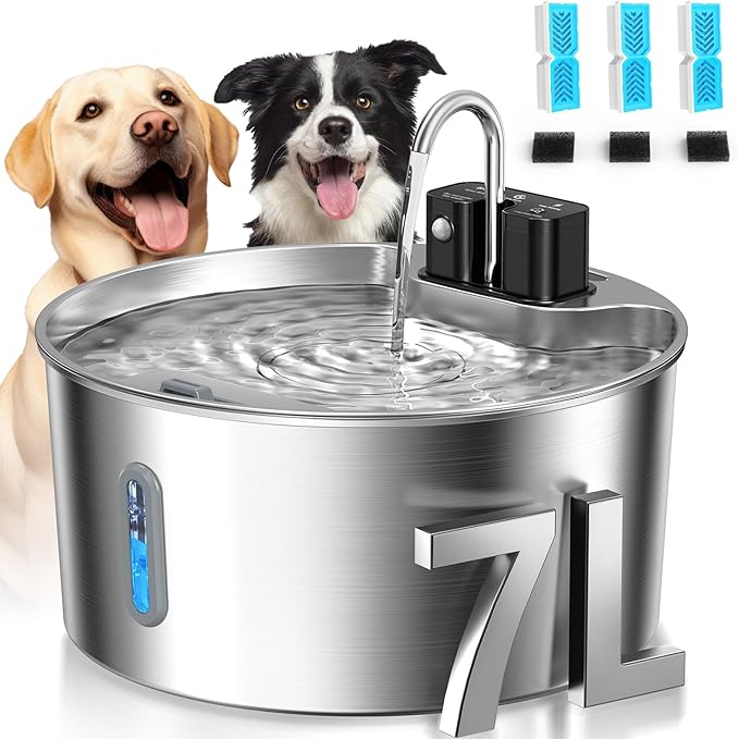 Dog Water Fountain,Wireless Stainless Steel Dog Fountain for Small to Large Dogs,1.8Gal/7L Battery Operated Cat Water Foun...