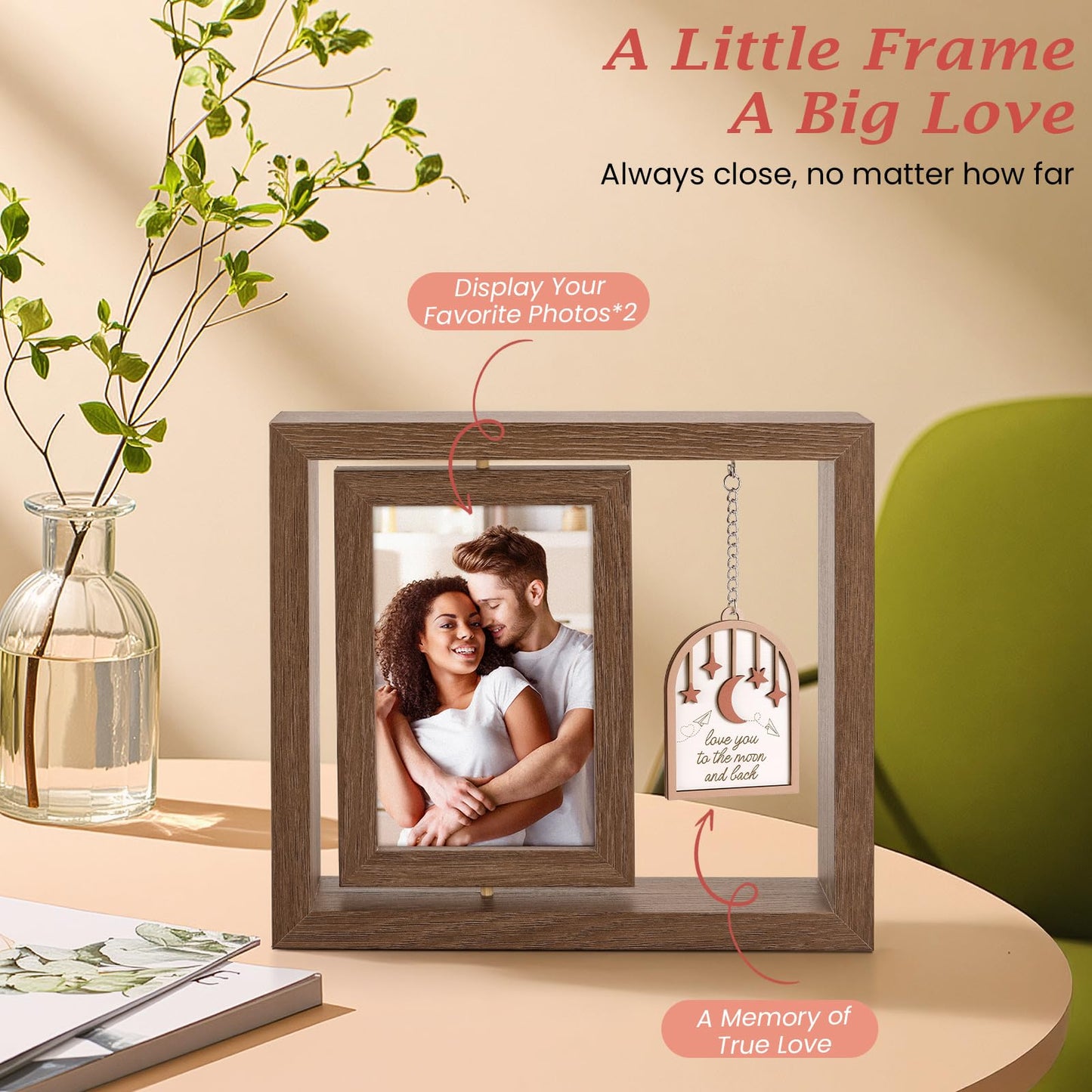 LukieJac Love You to the Moon and Back Picture Frame - Valentines Anniversary Wedding Birthday Christmas Gifts for Husband, Wife, Him, Her, Couples Rotating 4x6 Picture Frame