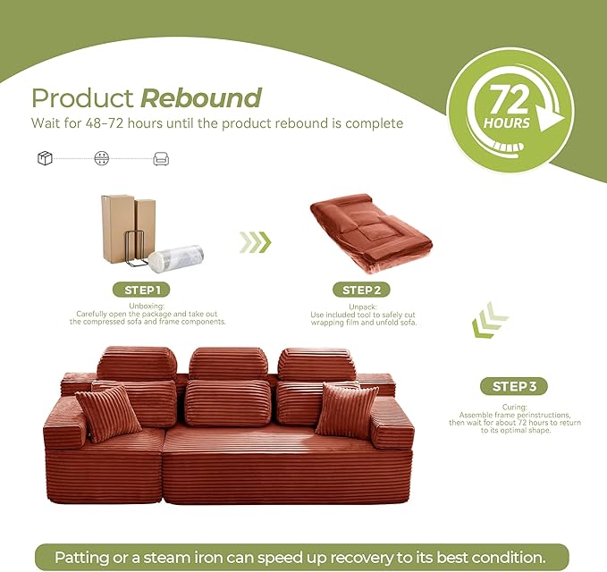 101" 3 Seater Sofa Cloud Modular Sectional Sofa with Chaise & Headrest, Boneless Deep Seat Plush Corduroy Couches for Large Living Room, No Assembly Required (Orange, 101" 3 Seater)