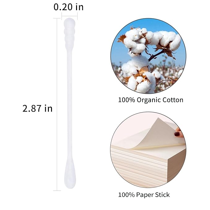 Cotton Swabs Spiral - 800 Count Organic Cotton Buds Double Side Tightly Wrapped Cotton Tips Paper Stick Soft Gentle Lint-Free Cruelty-Free, Round & Spiral (White)