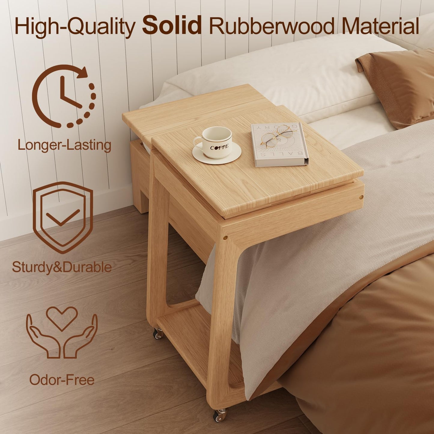 Solid Wood C Shaped End Table for Couch,Rolling C Table with Wheels,Small Side Table with Adjustable Desktop,Couch Desk with Storage,Rolling Tv Tray with Folding Shelf,Modern Bedside Table(Natural)