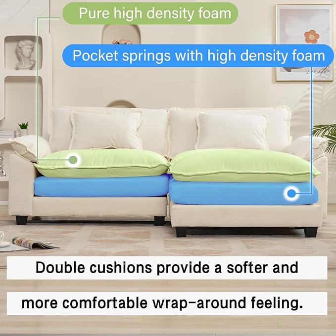 Oprisen 86" Modular Sectional Sofa, Comfy Cloud Couch Sectional Sofa with Ottoman, Chenille Sofa Sleeper Deep Seat Sofa with Throw Pillows for Living Room (Beige White, 86"- L Shape)