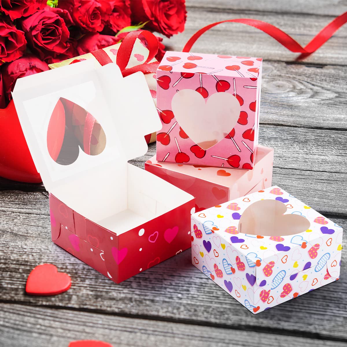 JOYIN 24 Pcs Valentine’s Day Bakery Treat Boxes, Valentines Cupcake Boxes, Cookie Boxes with Window for Holiday Pastries, Doughnut, Cookie, Cupcakes, Brownies, Truffles Gift Giving