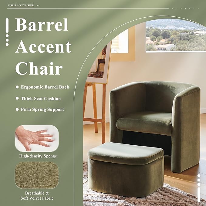 COLAMY Velvet Morden Living Room Chair with Storage Ottoman, Barrel Accent Chair with Lounge Seat for Bedroom/Reading Spaces, Green