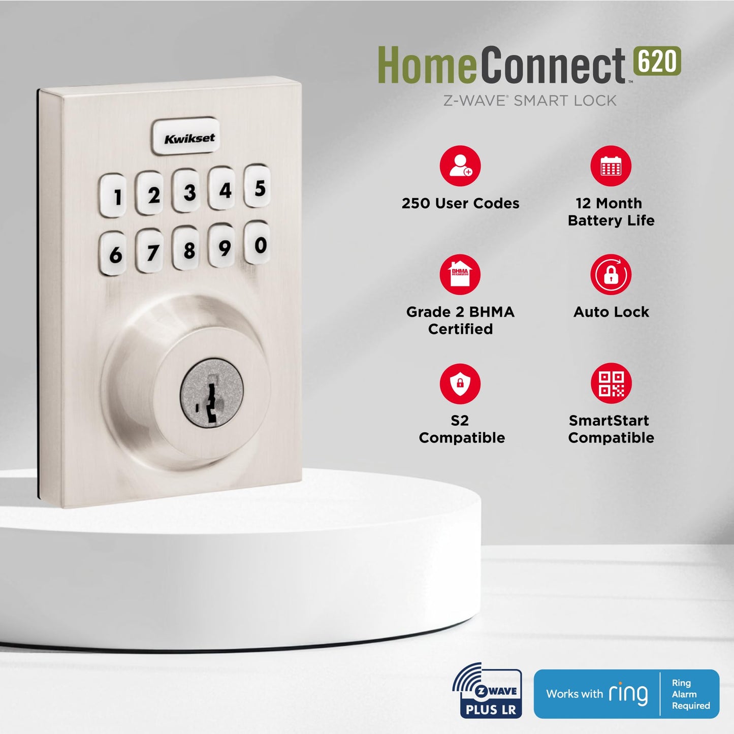 Kwikset HomeConnect 620 Z-Wave Long Range Enabled Keypad Smart Lock Convenient Keyless Entry, Customizable User Codes, Ring Alarm Compatible, Hub Required, Sold Separately Polished Chrome Contemporary