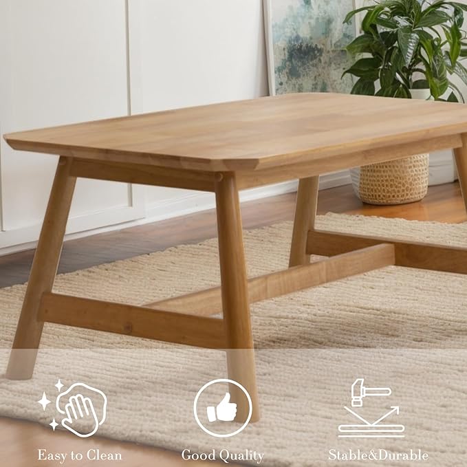 Ya-Home Farmhouse Coffee Table 35.5” Side Table Mid Century Wooden Table, Solid Wood Tea Table for Living Room Reception Room, Natural Finish