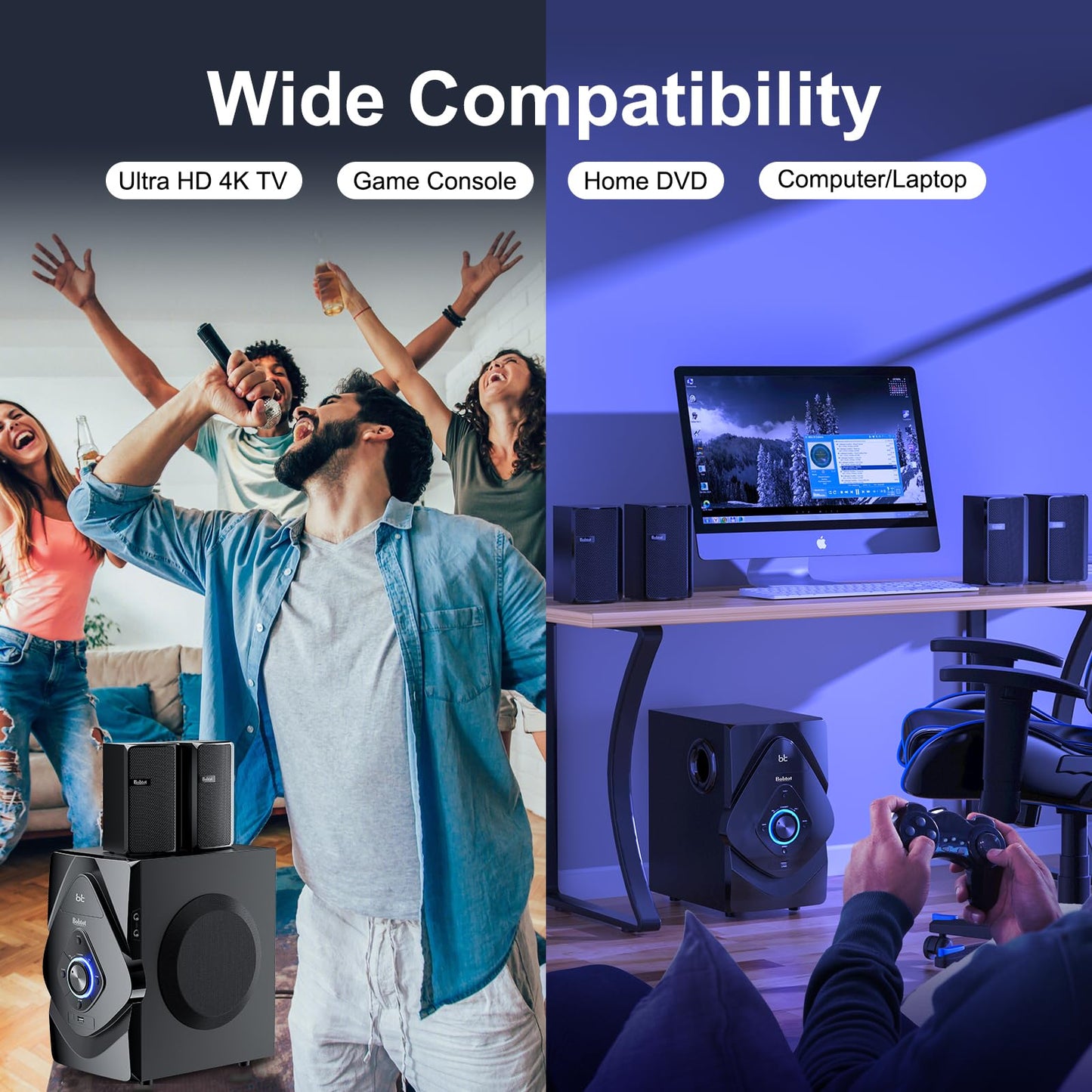 Bobtot Home Theater Wireless Rear Satellite Speakers - 800W 6.5inch Subwoofer 5.1/2.1 Channel Surround Sound Systems with ARC Optical Bluetooth Input